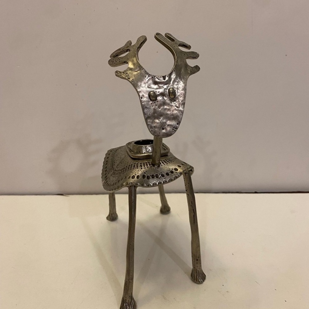 Metal Reindeer Candle Holder engraved handcrafted 8 inches MCM